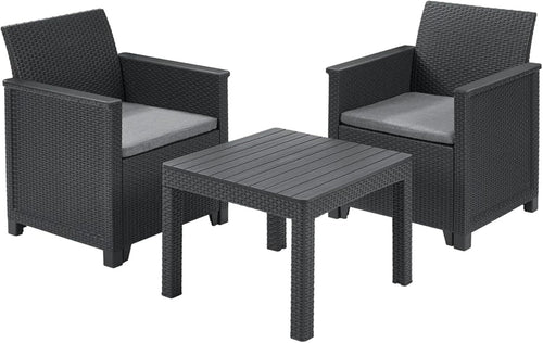 Salottino Da Esterno Emma Balcony Set 3 Pezzi In Resina Effetto Rattan Colore Graphite Con 2 Poltrone E Tavolino Keter