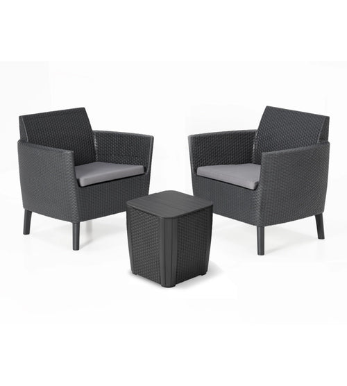 Salottino Da Esterno Salemo Balcony Set 3 Pezzi In Resina Effetto Rattan Con Tavolino Contenitore E 2 Poltrone Con Cuscini Colore Graphite Keter
