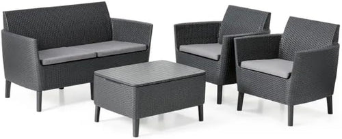 Salottino Da Esterno Salemo Lounge Set 4 Pezzi In Resina Effetto Rattan Con Tavolino Contenitore E Cuscini Colore Graphite Keter