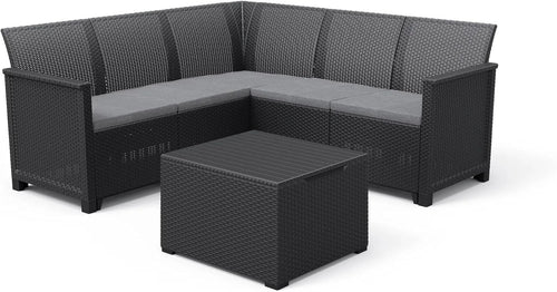 Salottino Da Esterno Emma Corner Set 4 Pezzi In Resina Effetto Rattan Con Divano Angolare 5 Posti E Tavolino Contenitore Colore Graphite Keter
