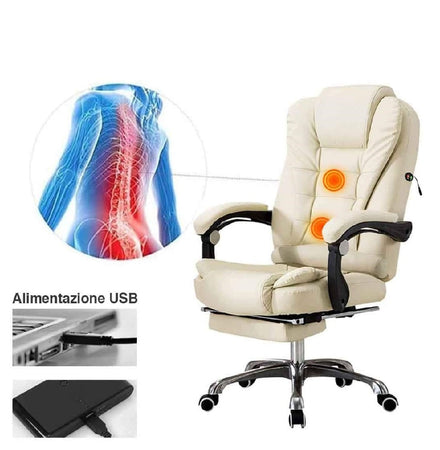 Poltrona Ufficio Massaggiante Presidenziale Reclinabile Poggiapiedi Bianco