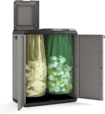 Armadietto Raccolta Differenziata In Resina Con 2 Scomparti E Coperchi Superiori Colore Grigio E Nero Split Recycling Keter