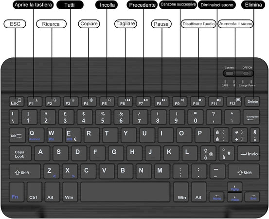 Mini Tastiera per iPad PC Laptop QWERTY wireless italiana Tasti rapidi