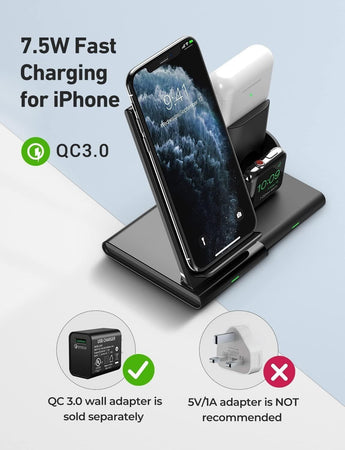 Seneo Supporto Caricabatterie Wireless Veloce 3 in 1 induzione Qi