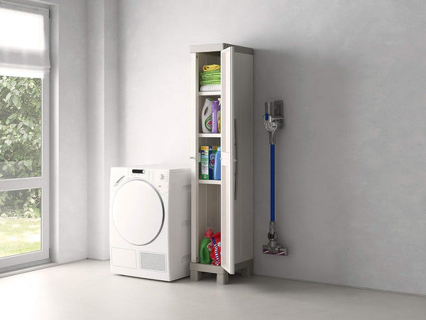 Armadio Alto A 1 Anta In Resina Con 4 Ripiani Regolabili E Chiusura Lucchettabile Colore Grigio E Nero Excellence Keter