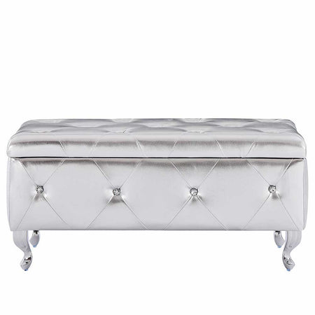 Cassapanca Pouf Contenitore Panca Moderna 96x46 H 43cm con Cristalli Argento