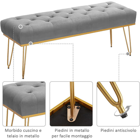 Panchina in Tessuto Chester 114x37 H45 cm Ingresso Camera da Letto Soggiorno Grigio