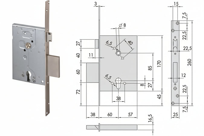 Serratura Da Infilare A Cilindro Con Catenaccio E Scrocco 56250- - Mm.60 (156250600) - 1 Pezzi Cisa