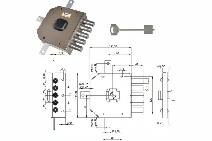 Serratura Quintuplice Da Applicare Senza Scrocco Doppia Mappa G415- - Mm.63 Dx - 1 Pezzi Moia