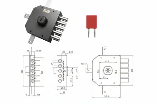 Serratura Quintuplice Da Applicare Senza Scrocco A Pompa Jm435- - Mm.63 Dx - 1 Pezzi Moia
