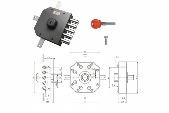 Serratura Quintuplice Da Applicare Senza Scrocco A Pompa Jm435- - Mm.63 Sx - 1 Pezzi Moia