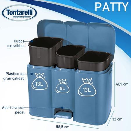 Pattumiera Differenziata Patty 3 Lt.13+8+13 Cm.58,5X32X41,5H. Lt.13+8+13 Azzurra Tontarelli