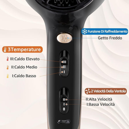 Aigostar Phon Capelli Professionale, 2400W Phon Ionico con Diffusore e Beccuccio