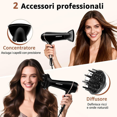 Aigostar Phon Capelli Professionale, 2400W Phon Ionico con Diffusore e Beccuccio