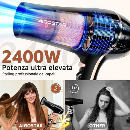 Aigostar Phon Capelli Professionale, 2400W Phon Ionico con Diffusore e Beccuccio