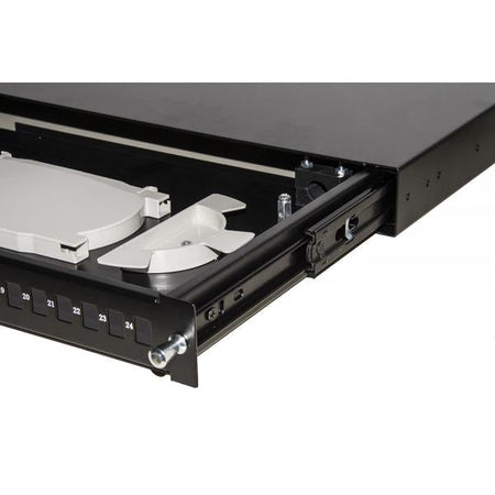 CASSETTO FIBRA OTTICA 24 PORTE PER ADATTATORI LC DUPLEX E SC SIMPLEX 1 UNITA' PER INSTALLAZIONE 19'' NERO CON BINARI TELESCOPICI (LKFO24N)