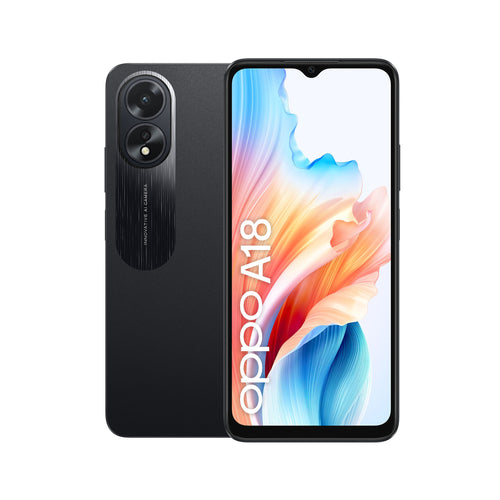 Oppo a18 4g smartphone, ai doppia fotocamera 8+2mp, selfie 5mp, display 6.56” 90hz lcd hd+, 5000mah, ram 8 gb (4+4) + rom 128gb, ip54, [versione italia],glowing black - A18BLACK