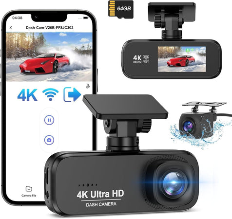 Dash Cam auto 4K+1080P, WiFi DashCam Free 64GB SD, Dash Cam G-Sensor, 170°Wide A