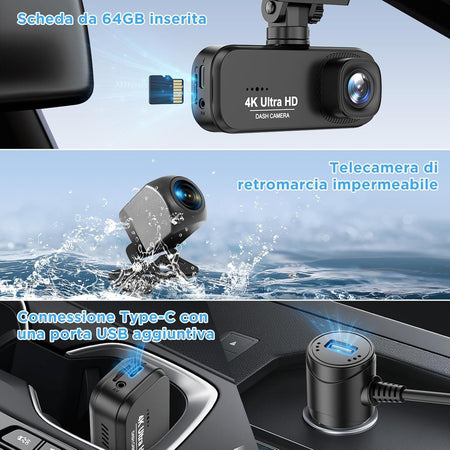 Dash Cam auto 4K+1080P, WiFi DashCam Free 64GB SD, Dash Cam G-Sensor, 170°Wide A