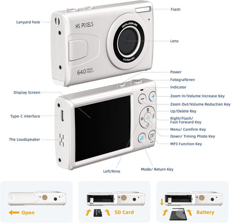 Fotocamera digitale CCN fotocamera da 64 MP 1080P FHD con schermo da 3,0 pollici