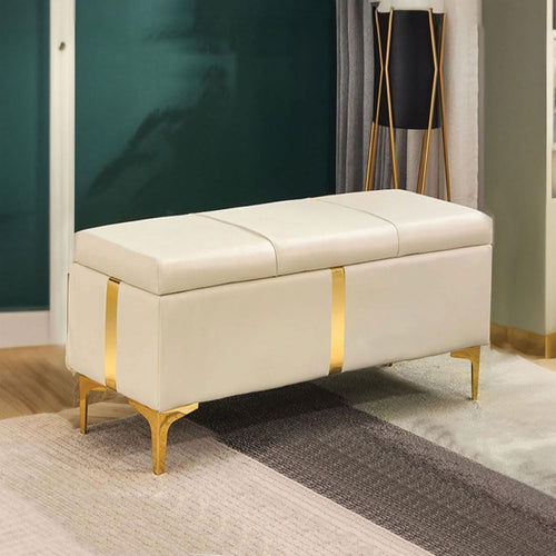 Cassapanca Pouf Contenitore Pelle Ecologica rifiniture Oro 80x40 H 45 cm Beige