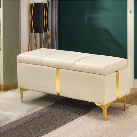 Cassapanca Pouf Contenitore Pelle Ecologica rifiniture Oro 80x40 H 45 cm Beige