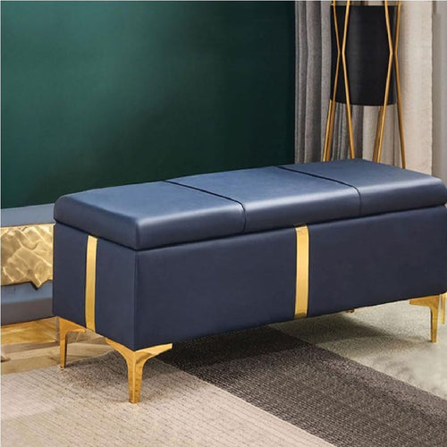 Cassapanca Pouf Contenitore Pelle Ecologica rifiniture Oro 80x40 H 45 cm Blu
