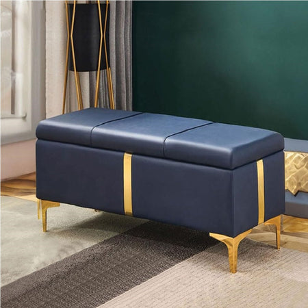 Cassapanca Pouf Contenitore Pelle Ecologica rifiniture Oro 80x40 H 45 cm Blu