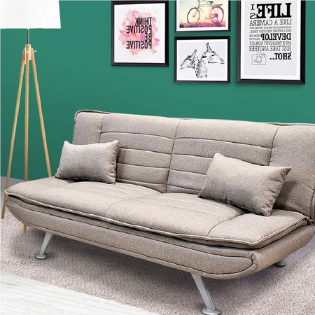 Divano 3posti Letto Reclinabile Clic Clac Tessuto Imbottito 2 Cuscini 183cm Tortora