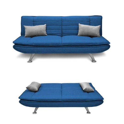 Divano 3posti Letto Reclinabile Clic Clac Tessuto Imbottito 2 Cuscini 183cm Blu