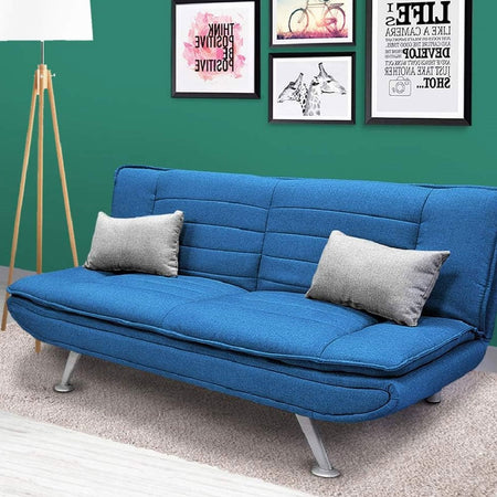 Divano 3posti Letto Reclinabile Clic Clac Tessuto Imbottito 2 Cuscini 183cm Blu