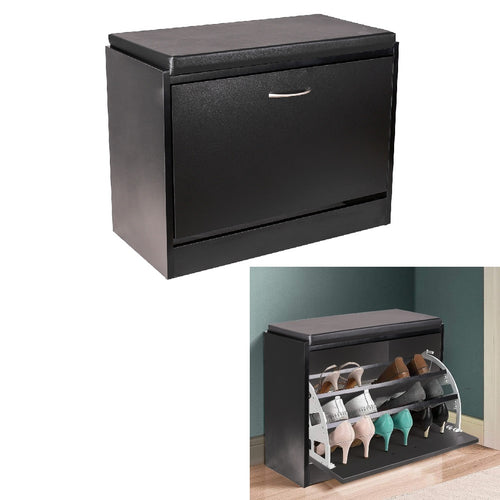 Panca Scarpiera 1 Anta 60x30 H 48 cm 3 vani Seduta in Pelle Ecologica Nero