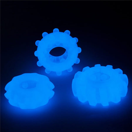 Set di 3 anelli fallici fluorescenti azzurri per il pene con stimolatori