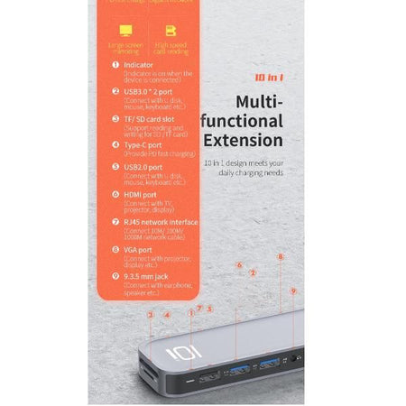 Rock-hub usb c ad hdmi/vga 10 in 1 - RCB0741