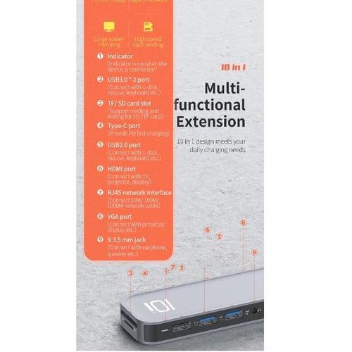 Rock-hub usb c ad hdmi/vga 10 in 1 - RCB0741