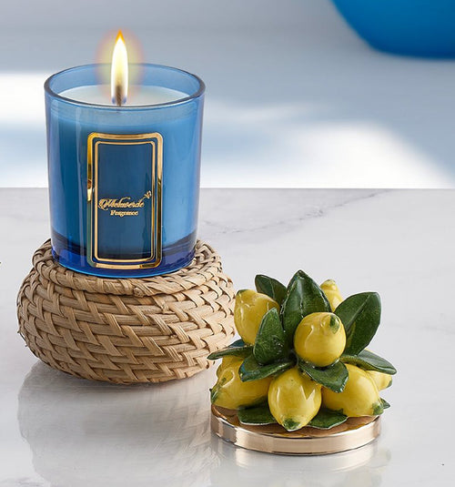 Candela artigianale Melaverde in porcellana con decoro limoni blu, bomboniera con scatola inclusa
