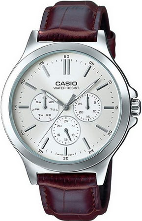 Orologio CAsio per uomo, MTP-V300L-7A, cinturino in pelle marrone, cronografo, movimento al quarzo, quadrante argento