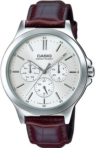 Orologio CAsio per uomo, MTP-V300L-7A, cinturino in pelle marrone, cronografo, movimento al quarzo, quadrante argento