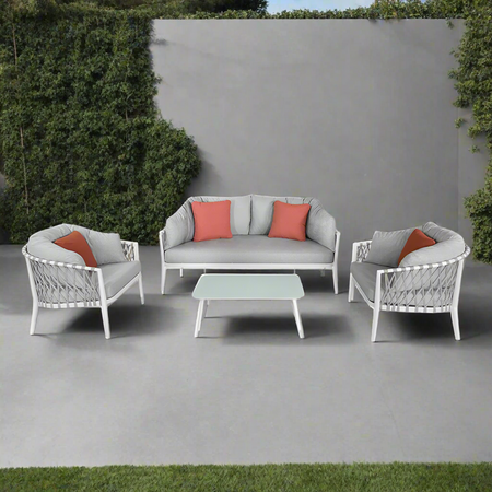 Salottino con cuscini "Bangkok" struttura in alluminio e rivestimento in corda PVC, da giardino e veranda
