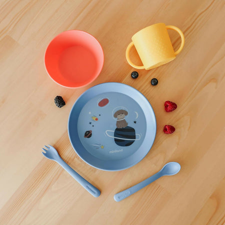 MINILAND Learning tableware Dream - set pappa educativo - bicchiere con manici, piatto piano, ciotola piatto fondo, posate - esploratore