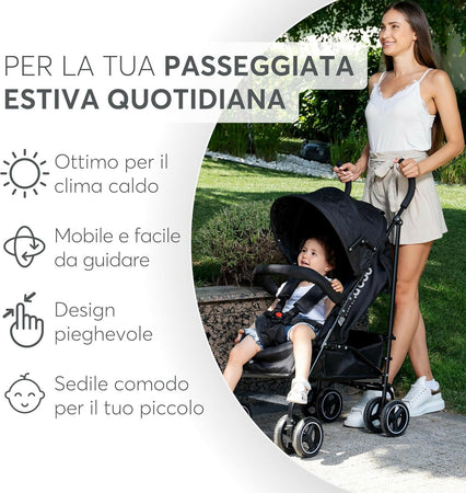 KIKKABOO Passeggino BEETLE - Passeggino da viaggio omologato fino a 22 kg - Pieghevole, Leggero, Compatto, colore NERO - telaio in alluminio, Chiusura Compatta, Schienale Reclinabile e Regolabile, Poggiagambe