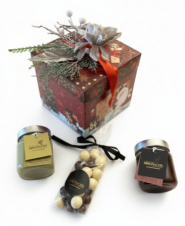 Box Natalizio Regalo contenente 2 creme spalmabili da 200gr vari gusti e una confezione di dragees misti da 150gr