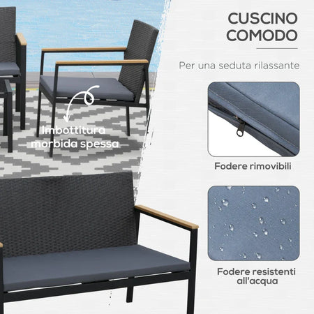 Set 4 Pezzi Salotto da Esterni con 2 Sedie, Divano e Tavolino Mobili da Giardino in Rattan e Acciaio Nero 860-092