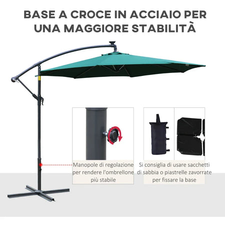 Ombrellone da Giardino Ø3x2.5 m a Braccio con Manovella e 8 Strisce LED a Energia Solare, Verde  84D-066GN