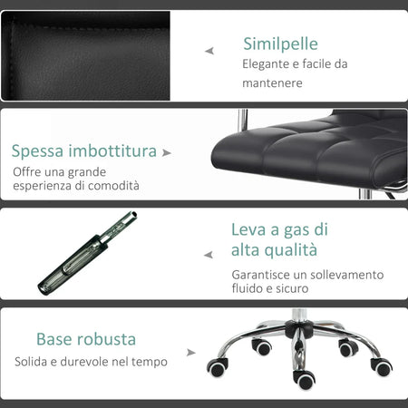 Sedia da Ufficio Ergonomica in pelle PU Nero, Sedia da Studio con 5 Ruote Girevoli, Imbottitura e Altezza Regolabile, 52.5x54x84-99cm ML402-0697ML4