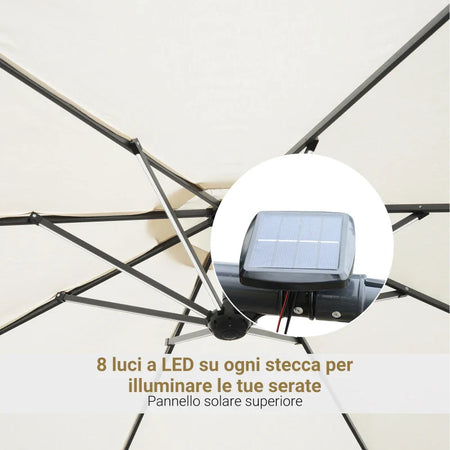 Ombrellone da Giardino a Braccio 3x2.5 m con Manovella e 8 Strisce LED a Energia Solare, Crema 84D-066CW