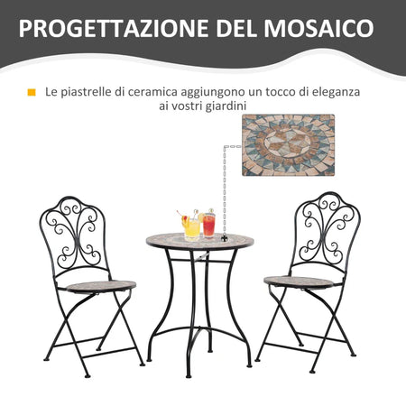 Set Mobili da Giardino 3 Pezzi con 2 Sedie Pieghevoli e Tavolo da Caffè in Ceramica e Metallo, Nero 84B-648