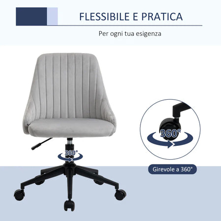 Sedia da Ufficio in Velluto Grigio con Altezza Regolabile, Sedia Ergonomica Girevole a 360° e Ruote, 50x58x77-87cm JH1921-488GYHJ1