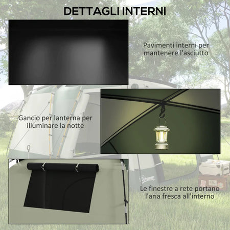 Tenda da Campeggio 4 Posti Impermeabile con Zona Notte e Zona Giorno, in Poliestere, 460x300x200 cm, Verde WY5A20-398V00SDWY5
