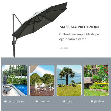 Ombrellone da Giardino a Manovella e a 8 Stecche con Angolazione Regolabile, Ø2.95x2.5 m, Grigio 84D-065CG